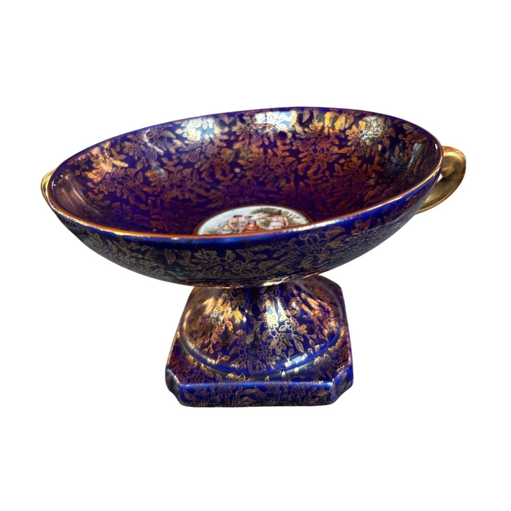 Empire England‎ Cobalt Blue Gold Chintz Neoclassical Footed Bowl Compote 8in
